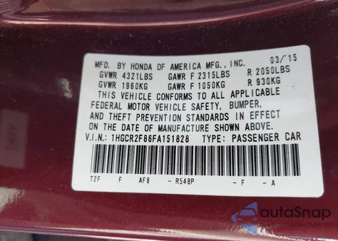 2015 Honda Accord Ex-L из США, поврежденный, VIN 1HGCR2F86FA151828